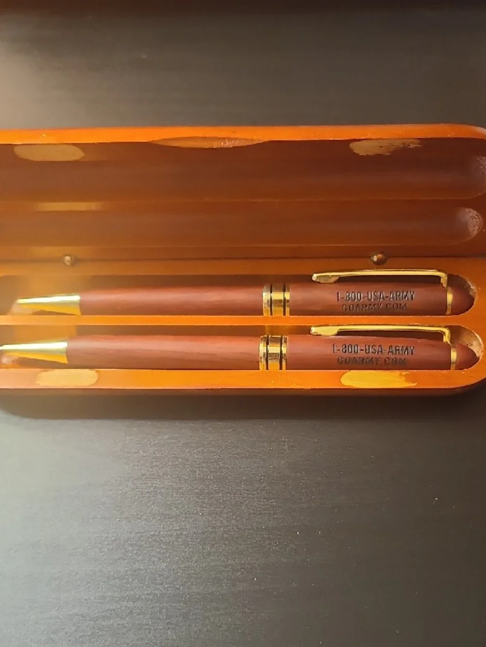 U.S. Army Orange Wood Set Pen and Pencil  With Black Logo Case.